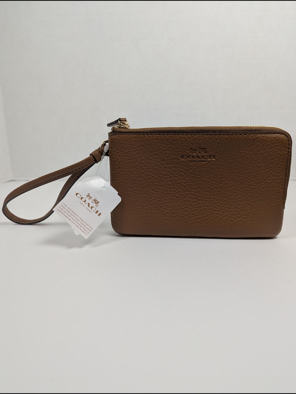 COACH F66505 Saddle Brown Pebbled Leather Double Zip Wristlet with Box